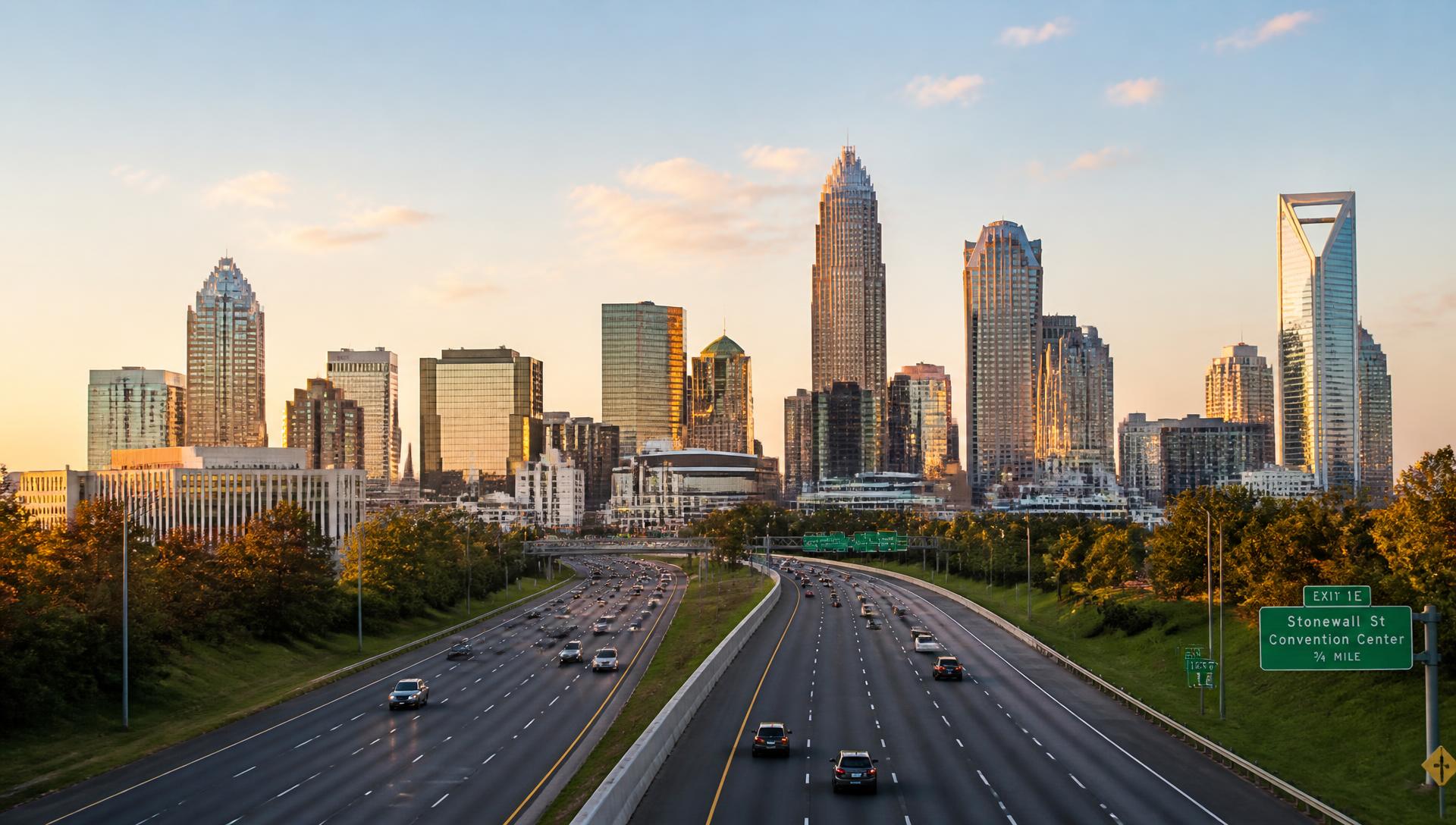 Interstate highway leading into the Charlotte, NC skyline at golden hour